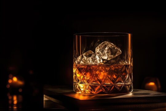 Glass with alcohol and ice on the table, on a dark background, whiskey. Generative AI