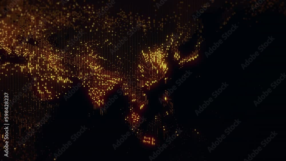 Poster slowly changing illumination of a digital map of the earth. movable camera. lights of megalopolises 
