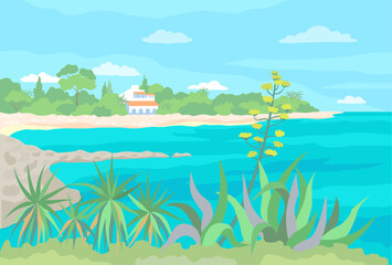 Fototapeta na wymiar Summer seascape. Blooming agave and yucca grow in the foreground. There is a beach and a cottage on the seashore in the background. Vector color illustration 