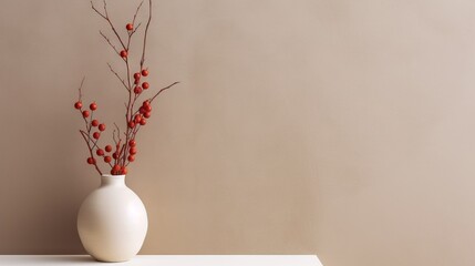 Obraz na płótnie Canvas Vase with decorative dry plant branch against beige wall background. Minimalist interior mockup. Generative AI