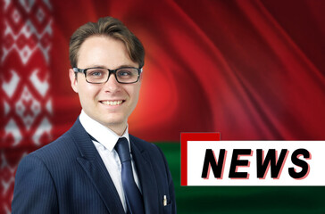 News anchor, tells the latest news, smiling, against the background of the flag of Belarus