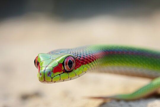 close up of a colorful snake with green and red scales. Generative AI