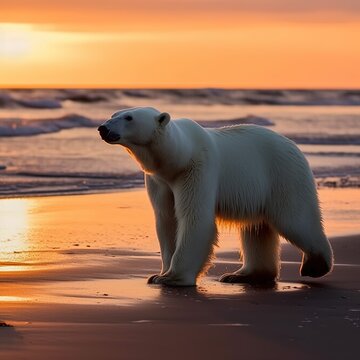 polar bear at the beach at sunset
