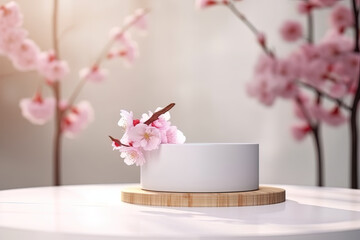 Fototapeta na wymiar An empty podium decorated with fresh natural cherry blossoms on a pale pink background, perfect for beauty product promotion, AI generative