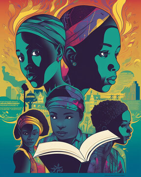 Dramatic Illustration of African American children with colorful background elements. AI generated people and images