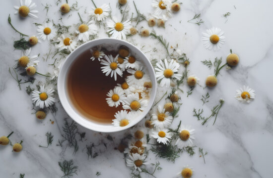 Chamomile Tea with flowers and green Leaves - Generative AI