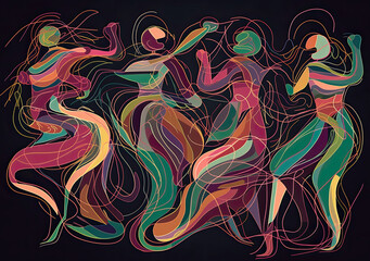 Group of silhouettes of dancers, colorfull line drawing on black background, generative ai illustration