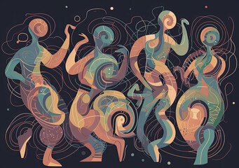 Group of silhouettes of dancers, colorfull line drawing on black background, generative ai illustration