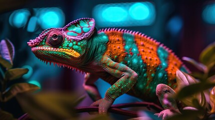 Fototapeta premium Colorful chameleon isolated on leaves background. Lizard on the green leaves. Generative AI
