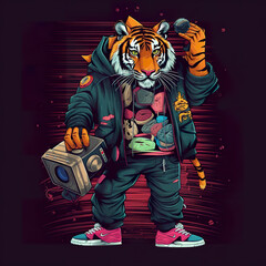 A tiger wearing a hoodie and holding a camera. AI generative. Clip-art on black background