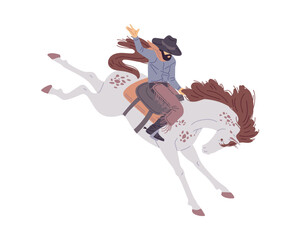 Naklejka na ściany i meble Cowboy pacifies a wild horse or bronco, flat vector illustration isolated.