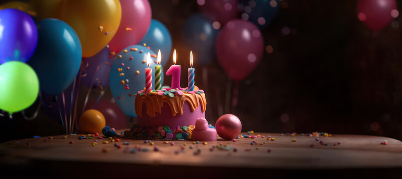 one year candle on a birthday or anniversary cake celebration with balloons and party decoration as banner with copy space area - Generative AI