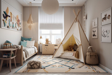 Cute modern childrens room, boho design interior style. Beige light colors. Super photo realistic background, generative ai