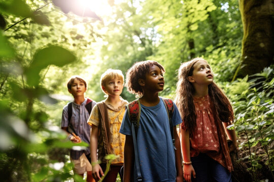 United as one, a group of diverse children explore the sunlit forest, grinning widely. In a moment of pure joy and innocence, friendship transcends race. Generative AI