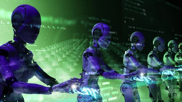 3d motion graphic animation of female humanoid robot artificial intelligence working human job programming code language binary with hud interface animation overlay technology camera movement