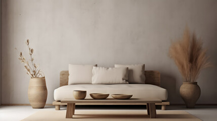 Warm neutral wabi-sabi style interior mockup with low sofa, jute rug, ceramic jug, side table and dried grass decoration on empty concrete wall background. 3d rendering, illustration.