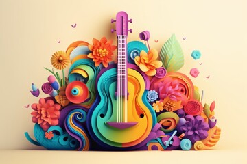 Paper art, musical instrumental with ornament colorful flowers background, music festival day. Generative AI, Generative, AI