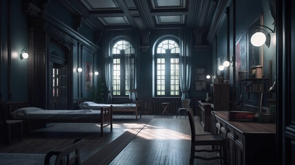A dimly lit room with two beds and a desk. AI generative. Dark academia style, victorian style mansion interior design with wooden stairs.