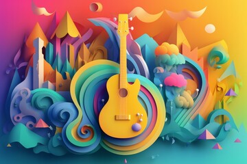Paper art, musical instrumental with ornament colorful flowers background, music festival day. Generative AI, Generative, AI