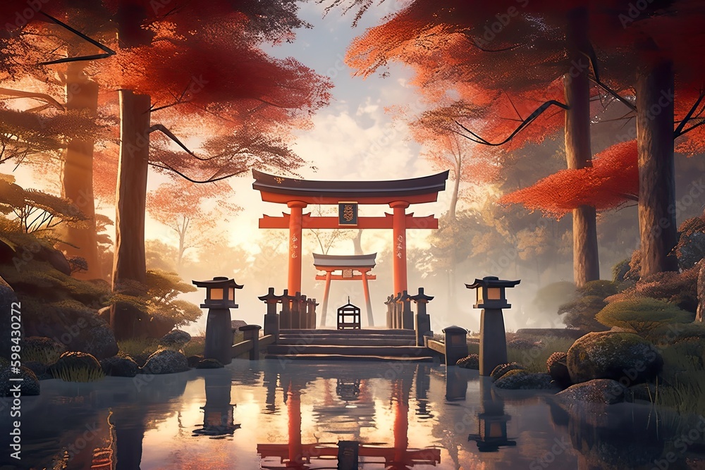 Poster a small shrine in the middle of a forest. ai generative.