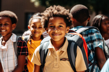 A cheerful 12-year-old Afro-American boy beams with excitement, waiting for the school bus with his friends of all races, sharing innocent joy and happiness. Generative AI