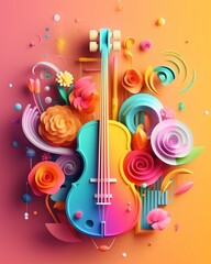 A musical instrumental with ornament colorful flowers background, music festival day. Generative AI, Generative, AI