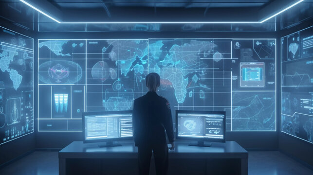 background wallpaper for business purpose criminal technology concept. police commissioner checking data of criminal case result with simulator interface on huge hologram wall.