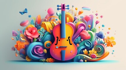 A musical instrumental with ornament colorful flowers background, music festival day. Generative AI, Generative, AI