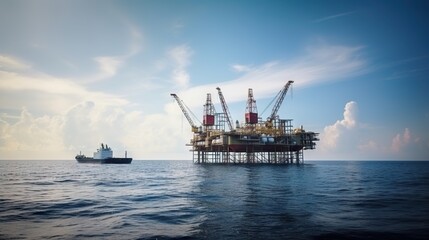 Obraz premium Oil rig in the sea on a sunny day with blue sky. Offshore oil drilling. Generative AI