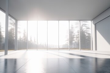 an empty room with panoramic windows overlooking a lush forest landscape. Generative AI