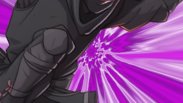 Samurai in a fighting pose, a ninja with a weapon against psychedelic tunnel.