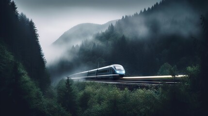 Speed passenger train moving in the mist mountains covered with forest. Generative AI