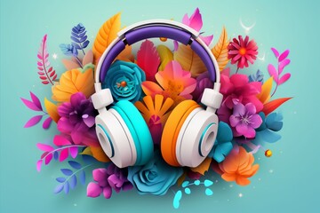 Fototapeta na wymiar A headphones with ornament colorful flowers background, music festival day. Generative AI, Generative, AI