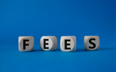 Fees symbol. Concept word Fees on wooden cubes. Beautiful blue background. Business and Fees concept. Copy space.