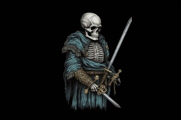 Fototapeta premium skeletal warrior in blue robes wielding a sword. Generative AI