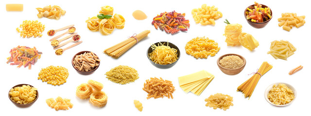 Group of dry Italian pasta on white background
