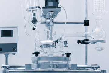 Chemical and pharmaceutical concept background. Chemistry laboratory equipment  Laboratory glassware.