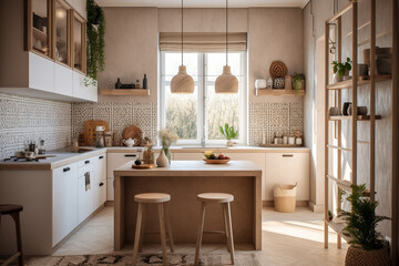 Cute modern kitchen, boho design interior style. Beige light colors. Super photo realistic background, generative ai © Anna