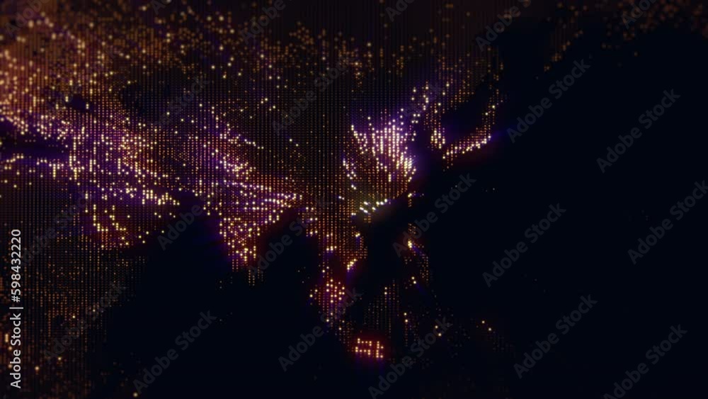Poster slowly changing illumination of a digital map of the earth. movable camera. lights of megalopolises 