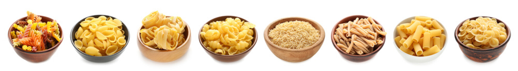 Collage of bowls with dry Italian pasta on white background