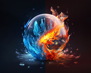  The contrast between fire and ice on a crystal ball - desktop background - Yin Yang Illustration. Generative AI.