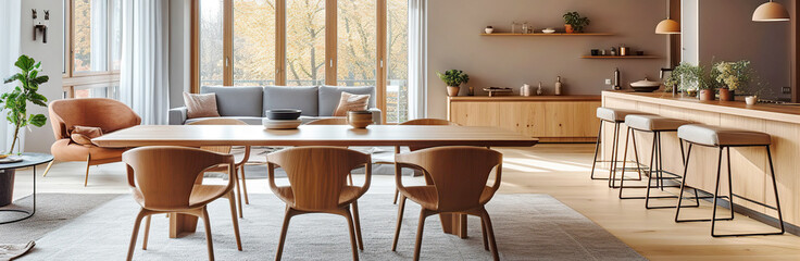 Scandinavian apartment panorama. Interior design of modern living room. Created with generative AI