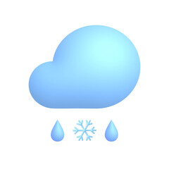 3d realistic weather icon snow with rain. Cloud, drops and snowflake.