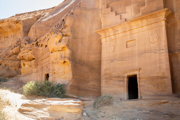 Jabal al ahmar tombs entrances carved in stone, Madain Saleh, Al Ula, Saudi Arabia