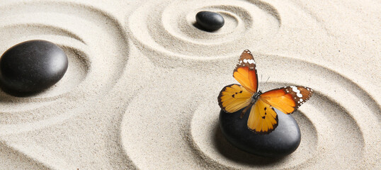 Butterfly with stones on sand with lines. Zen concept