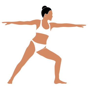 The pose of a girl who does yoga, stretching. Vector illustration in flat design on a white background.