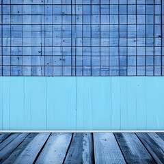 Minimalist Blue Wall with Polished Wooden Flooring and Interesting Light Reflection, Adding a Sophisticated Touch to Your Home Decor. Generative AI.