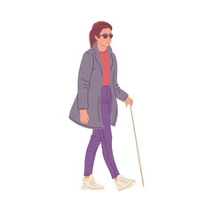 Blind woman walking with cane, flat vector illustration isolated on white background.