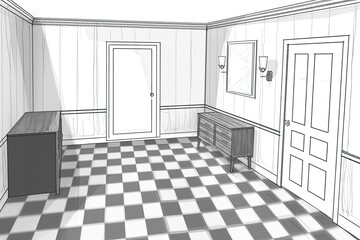Room with a Checkered Floor Pattern. Generative AI