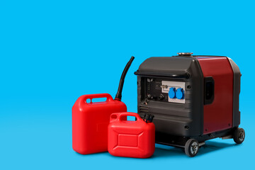 Portable gasoline generator with canisters on blue background